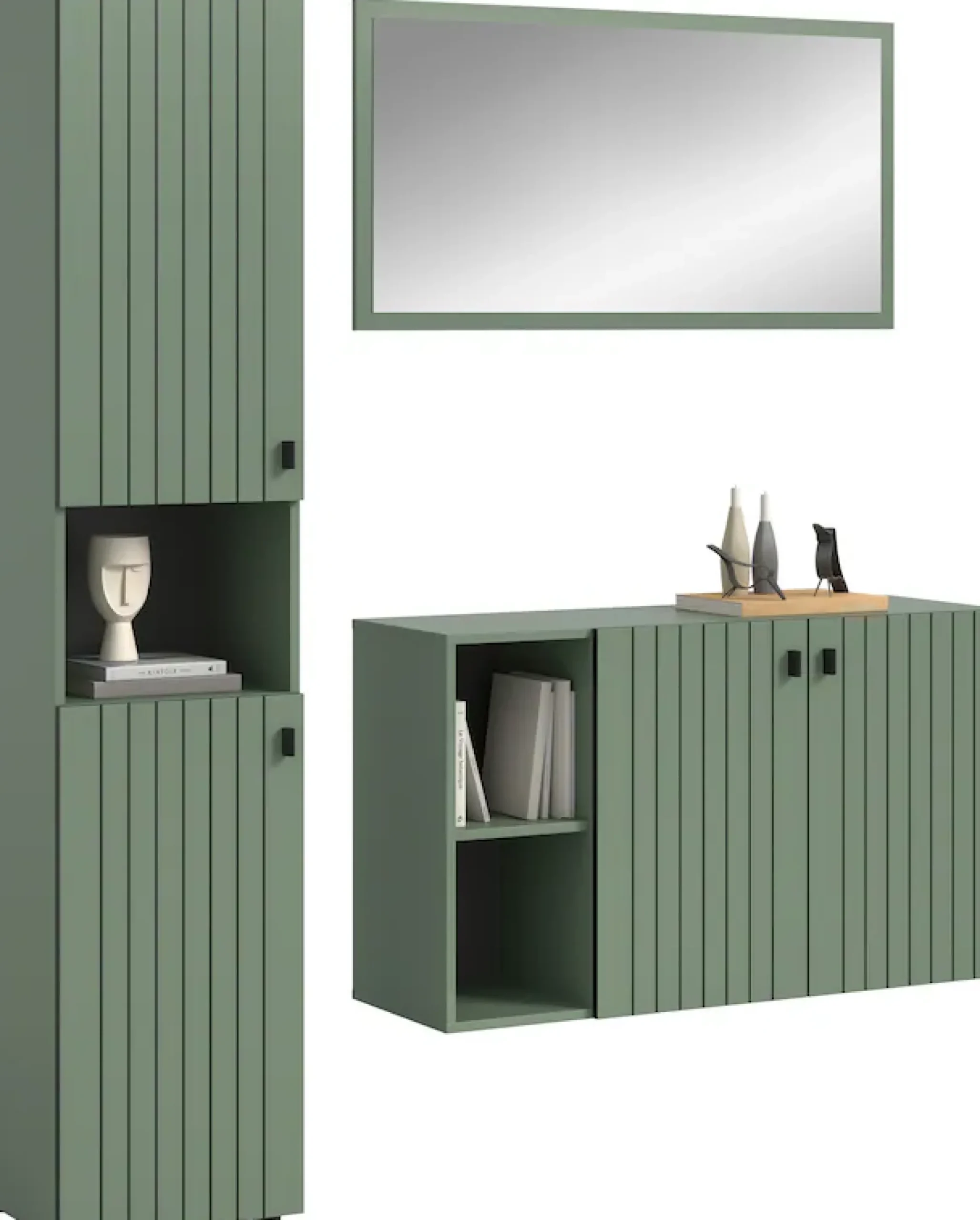 Home affaire Garderoben-Set »TATIO, 3-tlg. Garderobenkombination, Breite: 161 cm, Rillenfräsung« Set, Set, best. aus: 1 Spiegel, 1 Garderobenschrank, 1 Schuhkommode, 3 Stk. tlg.