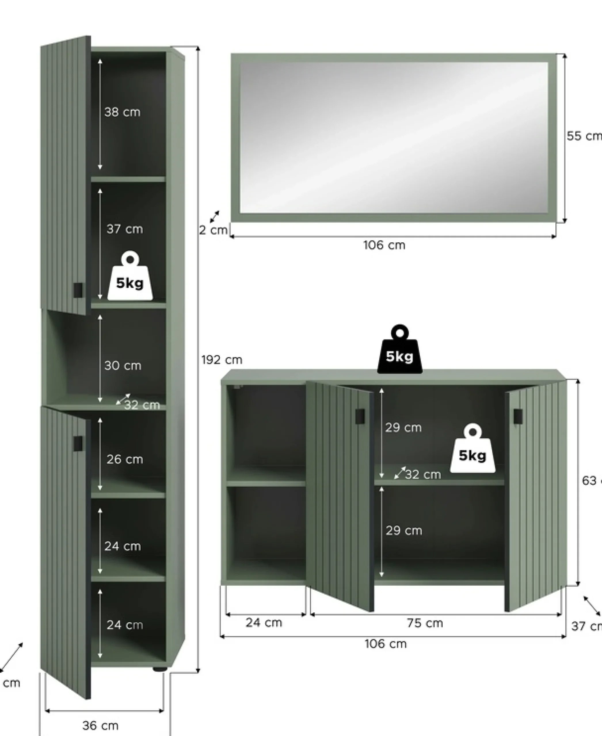 Home affaire Garderoben-Set »TATIO, 3-tlg. Garderobenkombination, Breite: 161 cm, Rillenfräsung« Set, Set, best. aus: 1 Spiegel, 1 Garderobenschrank, 1 Schuhkommode, 3 Stk. tlg.