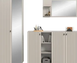 Home affaire Garderoben-Set »TATIO, 3-tlg. Garderobenkombination, Breite: 235 cm, Rillenfräsung« Set, Set, best. aus: 1 Garderobenschrank, 1 Garderobenspiegel, Schuhkommode, 3 Stk. tlg.