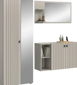 Home affaire Garderoben-Set »TATIO, 3-tlg. Garderobenkombination, Breite: 191 cm, Rillenfräsung« Set, Set, best. aus: 1 Spiegel, 1 Garderobenschrank, 1 Schuhkommode, 3 Stk. tlg.