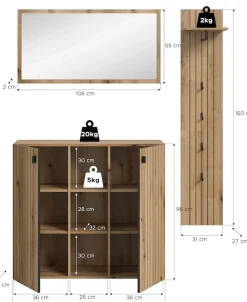 Home affaire Garderoben-Set »TATIO, 3-tlg. Garderobenkombination, Breite:157cm, Rillenfräsung« Set, Set, best. aus: 1 Spiegel, 1 Garderobenpaneel, 1 Schuhkommode, 3 Stk. tlg.