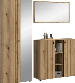 Home affaire Garderoben-Set »TATIO, 3-tlg. Garderobenkombination, Breite: 191 cm, Rillenfräsung« Set, Set, best. aus: 1 Spiegel, 1 Garderobenschrank, 1 Schuhkommode, 3 Stk. tlg.