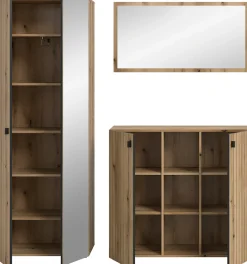 Home affaire Garderoben-Set »TATIO, 3-tlg. Garderobenkombination, Breite: 191 cm, Rillenfräsung« Set, Set, best. aus: 1 Spiegel, 1 Garderobenschrank, 1 Schuhkommode, 3 Stk. tlg.
