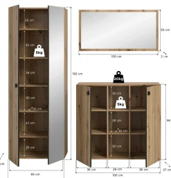 Home affaire Garderoben-Set »TATIO, 3-tlg. Garderobenkombination, Breite: 191 cm, Rillenfräsung« Set, Set, best. aus: 1 Spiegel, 1 Garderobenschrank, 1 Schuhkommode, 3 Stk. tlg.