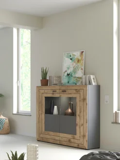 Home affaire Highboard »Aalborg, Höhe 117cm, 2 Glastüren, 6 Fächer, 2-farbig, Metallgriffe« Anrichte, Schrank, Kommode, Midischrank, Wohnmöbel, Wohnzimmer