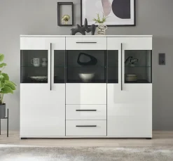 Home affaire Highboard »Cantara, moderner Schrank, Vitrine in Eiche Dekor, Weiß oder Kaschmir« schwarze Stangengriffe, ausreichend Stauraum, vielseitig einsetzbar