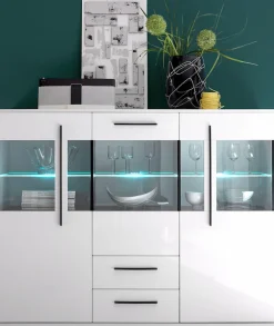 Home affaire Highboard »Cantara, moderner Schrank, Vitrine in Eiche Dekor, Weiß oder Kaschmir« schwarze Stangengriffe, ausreichend Stauraum, vielseitig einsetzbar