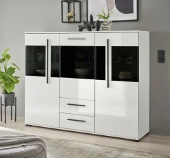 Home affaire Highboard »Cantara, moderner Schrank, Vitrine in Eiche Dekor, Weiß oder Kaschmir« schwarze Stangengriffe, ausreichend Stauraum, vielseitig einsetzbar