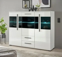 Home affaire Highboard »Cantara, moderner Schrank, Vitrine in Eiche Dekor, Weiß oder Kaschmir« schwarze Stangengriffe, ausreichend Stauraum, vielseitig einsetzbar
