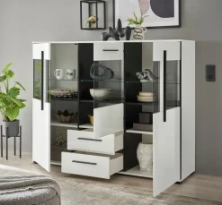 Home affaire Highboard »Cantara, moderner Schrank, Vitrine in Eiche Dekor, Weiß oder Kaschmir« schwarze Stangengriffe, ausreichend Stauraum, vielseitig einsetzbar