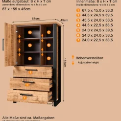 Home affaire Highboard »Elda« 1 Stk. tlg. Vitrine mit 1 Tür & 3 Schubladen mit Vollauszug – (B/T/H) 87/45/155 cm