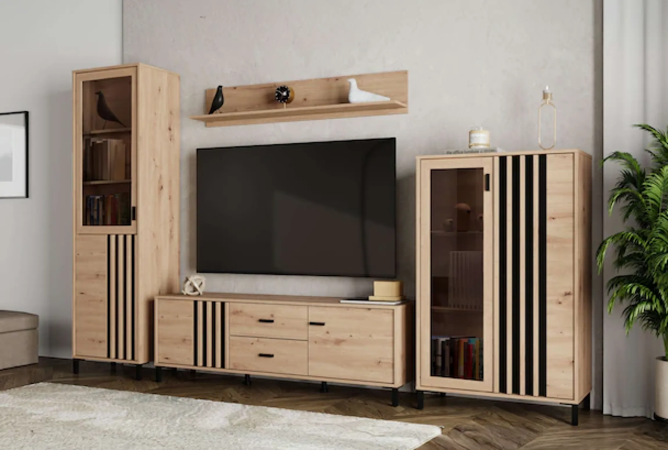 Home affaire Highboard »LAVAL, Hochkommode, Vitrine, Glasvitrine, Kombi-Highboard« Modernes Highboard in Artisan-Dekor mit Glasfront & Lamellen-Optik