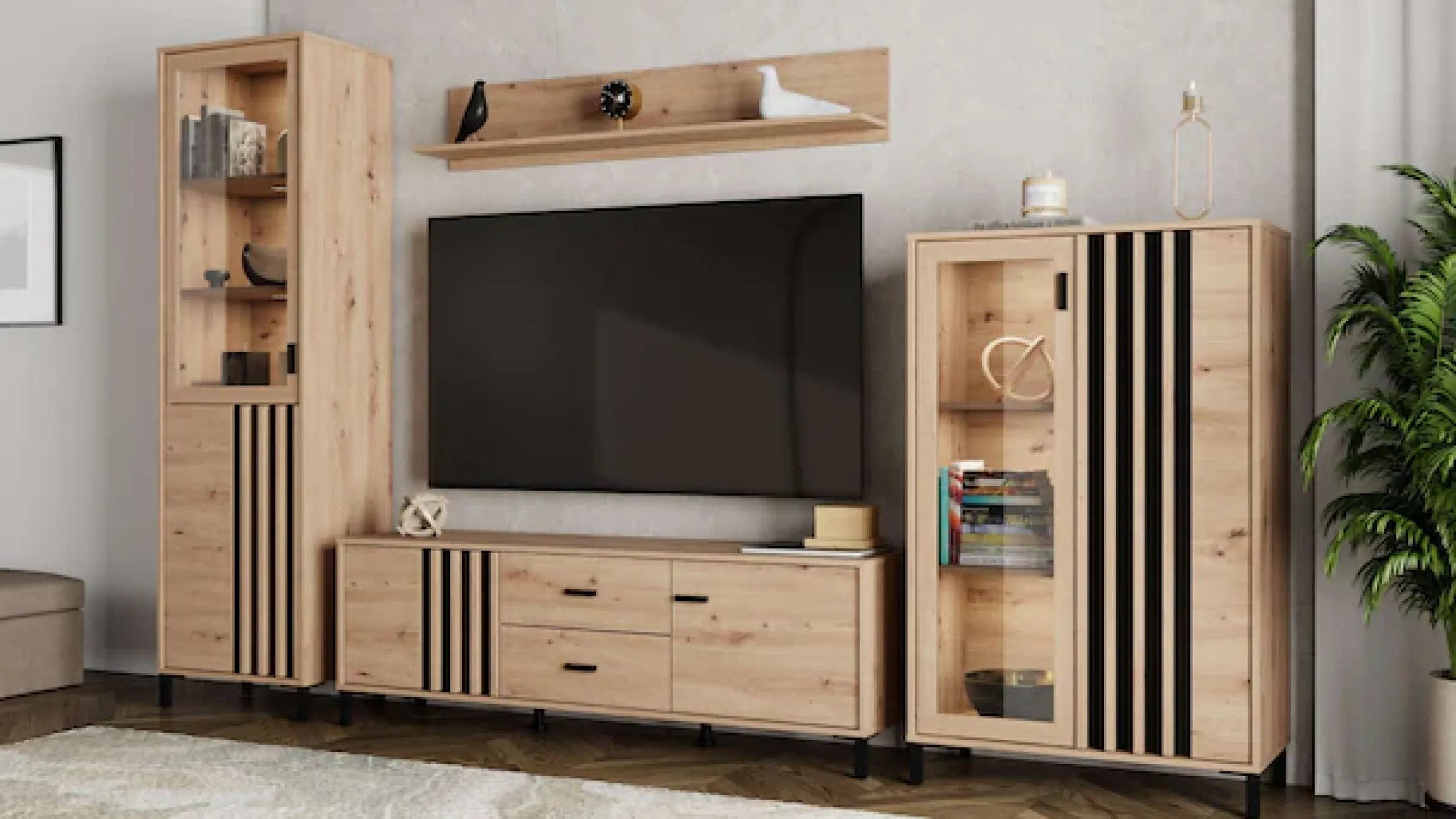 Home affaire Highboard »LAVAL, Hochkommode, Vitrine, Glasvitrine, Kombi-Highboard« Modernes Highboard in Artisan-Dekor mit Glasfront & Lamellen-Optik