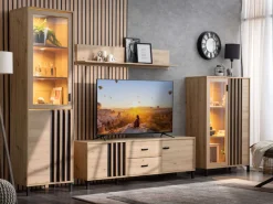 Home affaire Highboard »LAVAL, Hochkommode, Vitrine, Glasvitrine, Kombi-Highboard« Modernes Highboard in Artisan-Dekor mit Glasfront & Lamellen-Optik