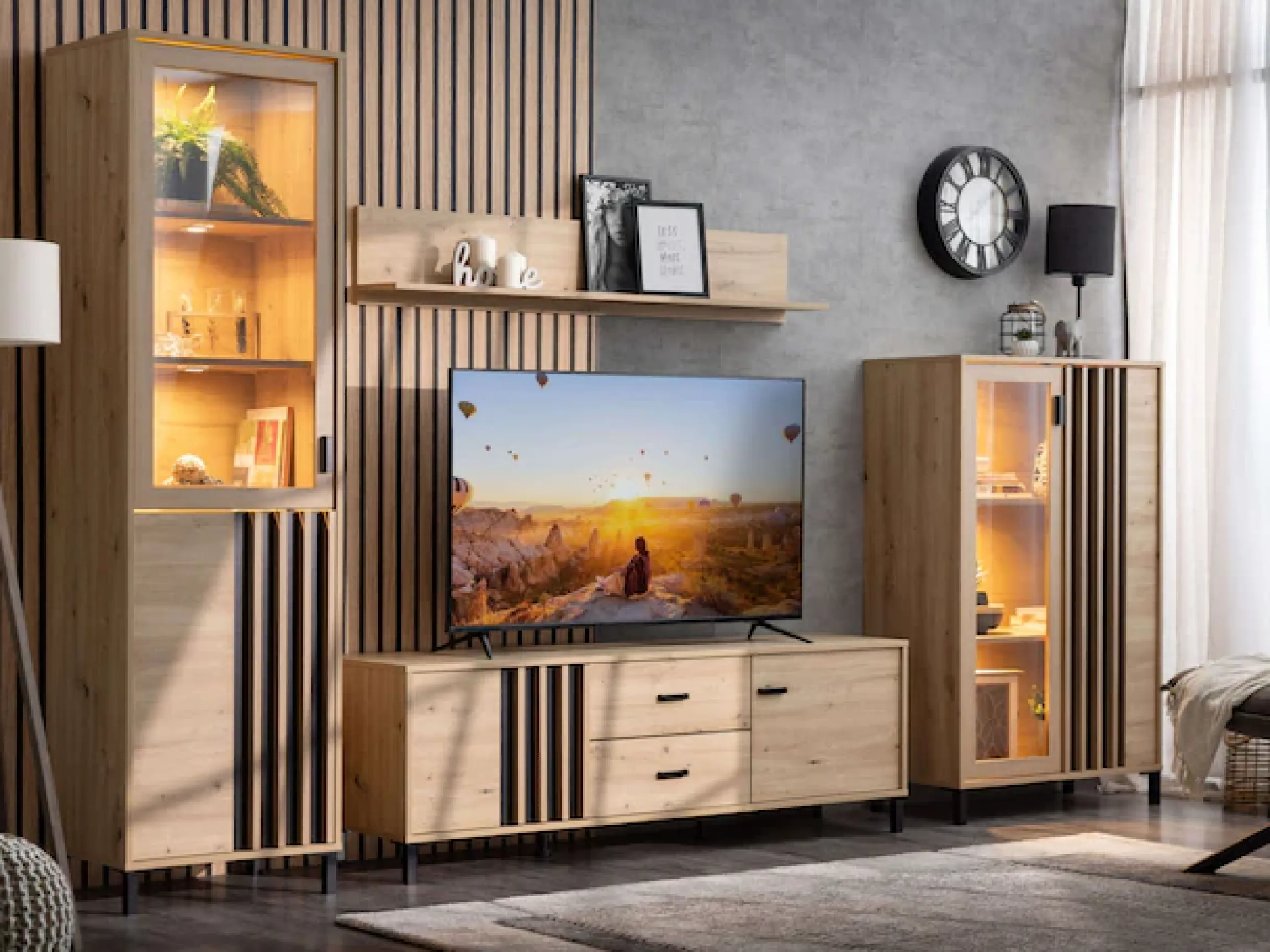 Home affaire Highboard »LAVAL, Hochkommode, Vitrine, Glasvitrine, Kombi-Highboard« Modernes Highboard in Artisan-Dekor mit Glasfront & Lamellen-Optik