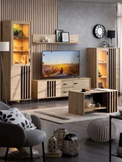 Home affaire Highboard »LAVAL, Hochkommode, Vitrine, Glasvitrine, Kombi-Highboard« Modernes Highboard in Artisan-Dekor mit Glasfront & Lamellen-Optik