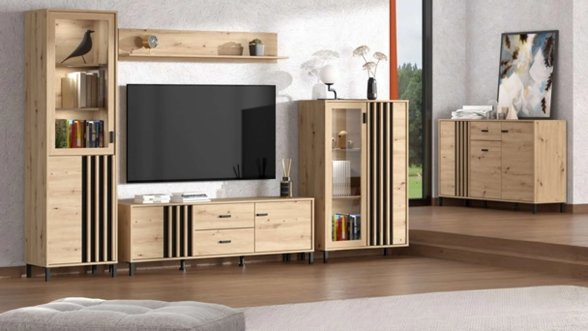 Home affaire Highboard »LAVAL, Hochkommode, Vitrine, Glasvitrine, Kombi-Highboard« Modernes Highboard in Artisan-Dekor mit Glasfront & Lamellen-Optik