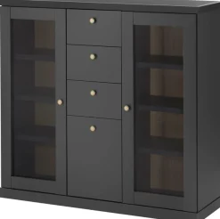 Home affaire Highboard »Lincoln, moderner Schrank, schwarzer Stauraumschrank, 129 cm breit« edles Design, messingfarbene Knopfgriffe, vielseitig einsetzbar