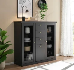 Home affaire Highboard »Lincoln, moderner Schrank, schwarzer Stauraumschrank, 129 cm breit« edles Design, messingfarbene Knopfgriffe, vielseitig einsetzbar