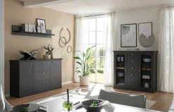 Home affaire Highboard »Lincoln, moderner Schrank, schwarzer Stauraumschrank, 129 cm breit« edles Design, messingfarbene Knopfgriffe, vielseitig einsetzbar