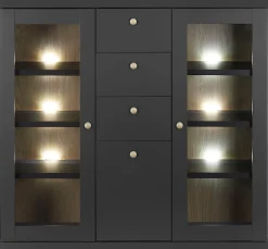 Home affaire Highboard »Lincoln, moderner Schrank, schwarzer Stauraumschrank, 129 cm breit« edles Design, messingfarbene Knopfgriffe, vielseitig einsetzbar
