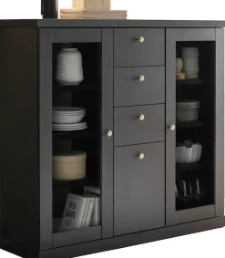 Home affaire Highboard »Lincoln, moderner Schrank, schwarzer Stauraumschrank, 129 cm breit« edles Design, messingfarbene Knopfgriffe, vielseitig einsetzbar