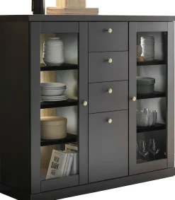 Home affaire Highboard »Lincoln, moderner Schrank, schwarzer Stauraumschrank, 129 cm breit« edles Design, messingfarbene Knopfgriffe, vielseitig einsetzbar