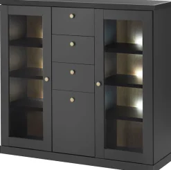 Home affaire Highboard »Lincoln, moderner Schrank, schwarzer Stauraumschrank, 129 cm breit« edles Design, messingfarbene Knopfgriffe, vielseitig einsetzbar