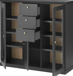 Home affaire Highboard »Lincoln, moderner Schrank, schwarzer Stauraumschrank, 129 cm breit« edles Design, messingfarbene Knopfgriffe, vielseitig einsetzbar