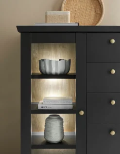 Home affaire Highboard »Lincoln, moderner Schrank, schwarzer Stauraumschrank, 129 cm breit« edles Design, messingfarbene Knopfgriffe, vielseitig einsetzbar