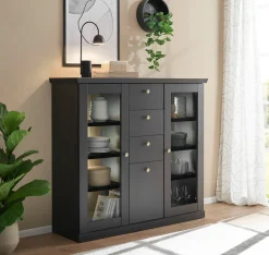Home affaire Highboard »Lincoln, moderner Schrank, schwarzer Stauraumschrank, 129 cm breit« edles Design, messingfarbene Knopfgriffe, vielseitig einsetzbar