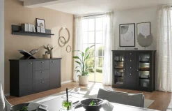 Home affaire Highboard »Lincoln, moderner Schrank, schwarzer Stauraumschrank, 129 cm breit« edles Design, messingfarbene Knopfgriffe, vielseitig einsetzbar