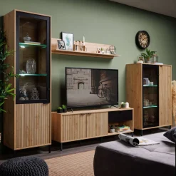 Home affaire Highboard »Mayenne Sideboard, Stauraumschrank, Anrichte, Hochschrank, Breite 93cm« Holztür mit Rillen-Optik, Glastür, Modernes Design