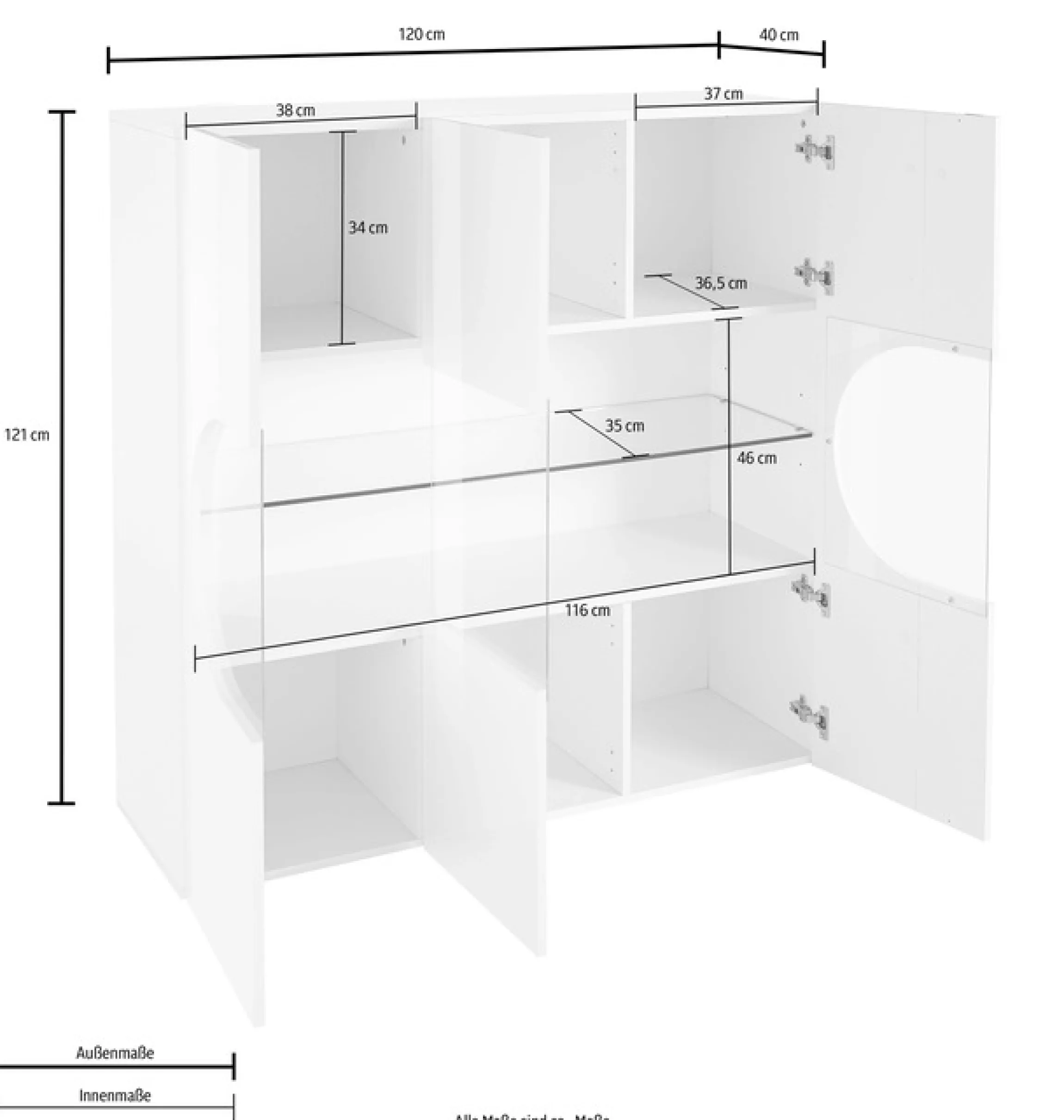 Home affaire Highboard »Real,Highboard,Kommode,Schrank mit 3 Türen,komplett hochglanz lackiert« mit 3 Türen, davon 2 aus Glas, mit einer großen Glasablage, Höhe 121