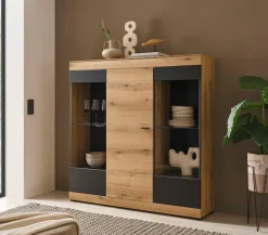 Home affaire Highboard »Soleto, moderner Schrank, Vitrine in Eiche Evoke« zeitlos, schwarze Griffe aus Metall, ausreichend Stauraum