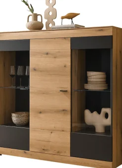 Home affaire Highboard »Soleto, moderner Schrank, Vitrine in Eiche Evoke« zeitlos, schwarze Griffe aus Metall, ausreichend Stauraum