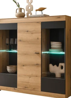 Home affaire Highboard »Soleto, moderner Schrank, Vitrine in Eiche Evoke« zeitlos, schwarze Griffe aus Metall, ausreichend Stauraum