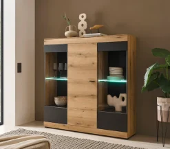 Home affaire Highboard »Soleto, moderner Schrank, Vitrine in Eiche Evoke« zeitlos, schwarze Griffe aus Metall, ausreichend Stauraum