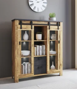 Home affaire Highboard »York, moderner Hochschrank, Vitrine in Hunton Oak, Industrialdesign« mit Scheunentorbeschlägen & Apothekergriffen aus Metall, 150 cm hoch