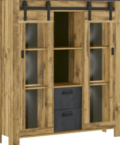 Home affaire Highboard »York, moderner Hochschrank, Vitrine in Hunton Oak, Industrialdesign« mit Scheunentorbeschlägen & Apothekergriffen aus Metall, 150 cm hoch