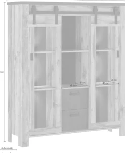 Home affaire Highboard »York, moderner Hochschrank, Vitrine in Hunton Oak, Industrialdesign« mit Scheunentorbeschlägen & Apothekergriffen aus Metall, 150 cm hoch