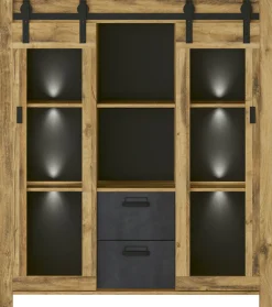 Home affaire Highboard »York, moderner Hochschrank, Vitrine in Hunton Oak, Industrialdesign« mit Scheunentorbeschlägen & Apothekergriffen aus Metall, 150 cm hoch