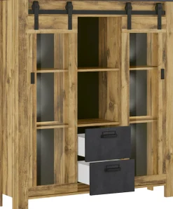 Home affaire Highboard »York, moderner Hochschrank, Vitrine in Hunton Oak, Industrialdesign« mit Scheunentorbeschlägen & Apothekergriffen aus Metall, 150 cm hoch