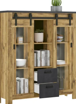 Home affaire Highboard »York, moderner Hochschrank, Vitrine in Hunton Oak, Industrialdesign« mit Scheunentorbeschlägen & Apothekergriffen aus Metall, 150 cm hoch