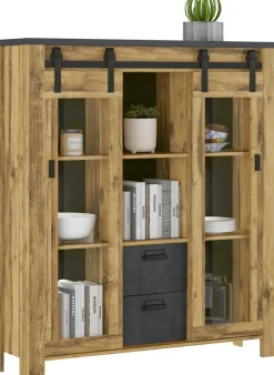 Home affaire Highboard »York, moderner Hochschrank, Vitrine in Hunton Oak, Industrialdesign« mit Scheunentorbeschlägen & Apothekergriffen aus Metall, 150 cm hoch
