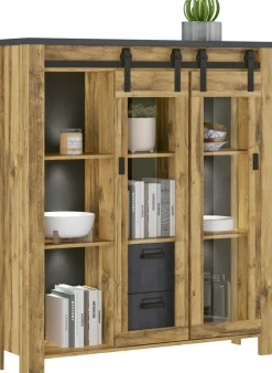 Home affaire Highboard »York, moderner Hochschrank, Vitrine in Hunton Oak, Industrialdesign« mit Scheunentorbeschlägen & Apothekergriffen aus Metall, 150 cm hoch
