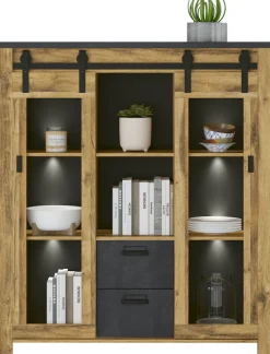 Home affaire Highboard »York, moderner Hochschrank, Vitrine in Hunton Oak, Industrialdesign« mit Scheunentorbeschlägen & Apothekergriffen aus Metall, 150 cm hoch