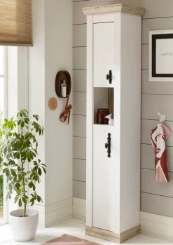 Home affaire Hochschrank »Florenz, Badschrank im Landhausstil, Schrank mit Metallgriffen« in Pinie Weiß, offenes Fach und ausreichend Stauraum hinter Drehtüren