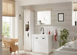 Home affaire Hochschrank »Florenz, Badschrank im Landhausstil, Schrank mit Metallgriffen« in Pinie Weiß, offenes Fach und ausreichend Stauraum hinter Drehtüren