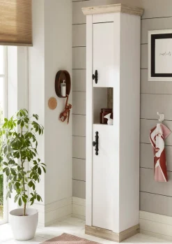 Home affaire Hochschrank »Florenz, Badschrank im Landhausstil, Schrank mit Metallgriffen« in Pinie Weiß, offenes Fach und ausreichend Stauraum hinter Drehtüren